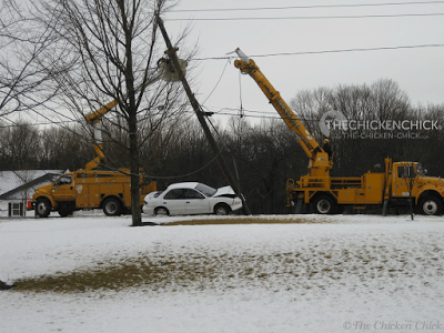 Crisis #2: February 2012. Driver on his way to a job interview crashes his car into the utility pole in front of our house, knocking out power for hours. (The driver was fine, although mighty late to his interview.) The remedy was to bring the bator to my neighbor’s house as they had a generator. Crisis #2: February 2012. Driver on his way to a job interview crashes his car into the utility pole in front of our house, knocking out power for hours. (The driver was fine, although mighty late to his interview.) The remedy was to bring the bator to my neighbor’s house as they had a generator.