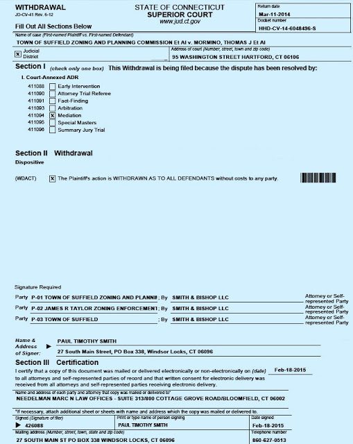 Town of Suffield, Connecticut withdrawal of lawsuit vs the Morminos Town of Suffield, Connecticut withdrawal of lawsuit vs the Morminos